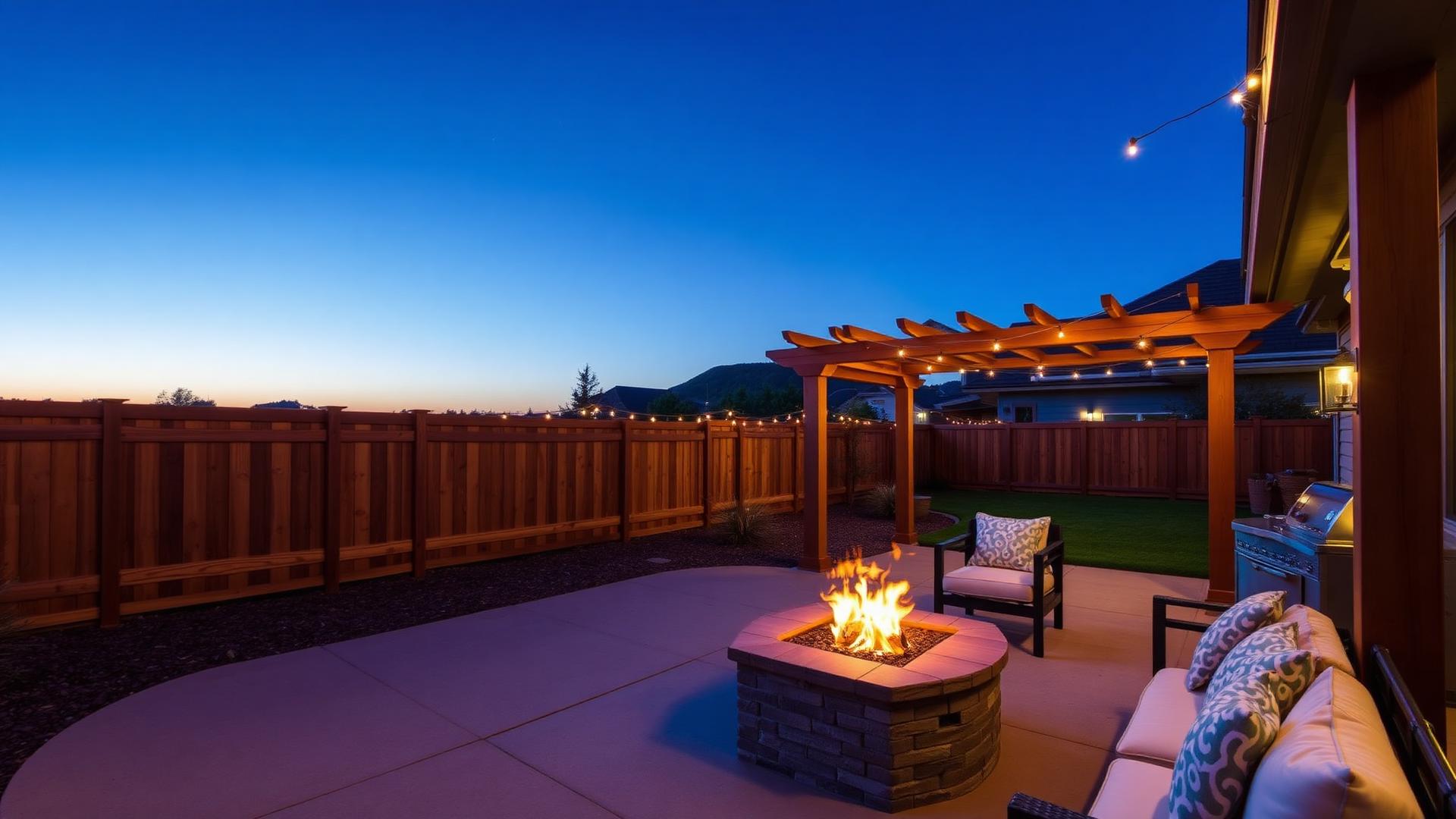 Premium backyard with wood fence, pergola and fire pit at twilight