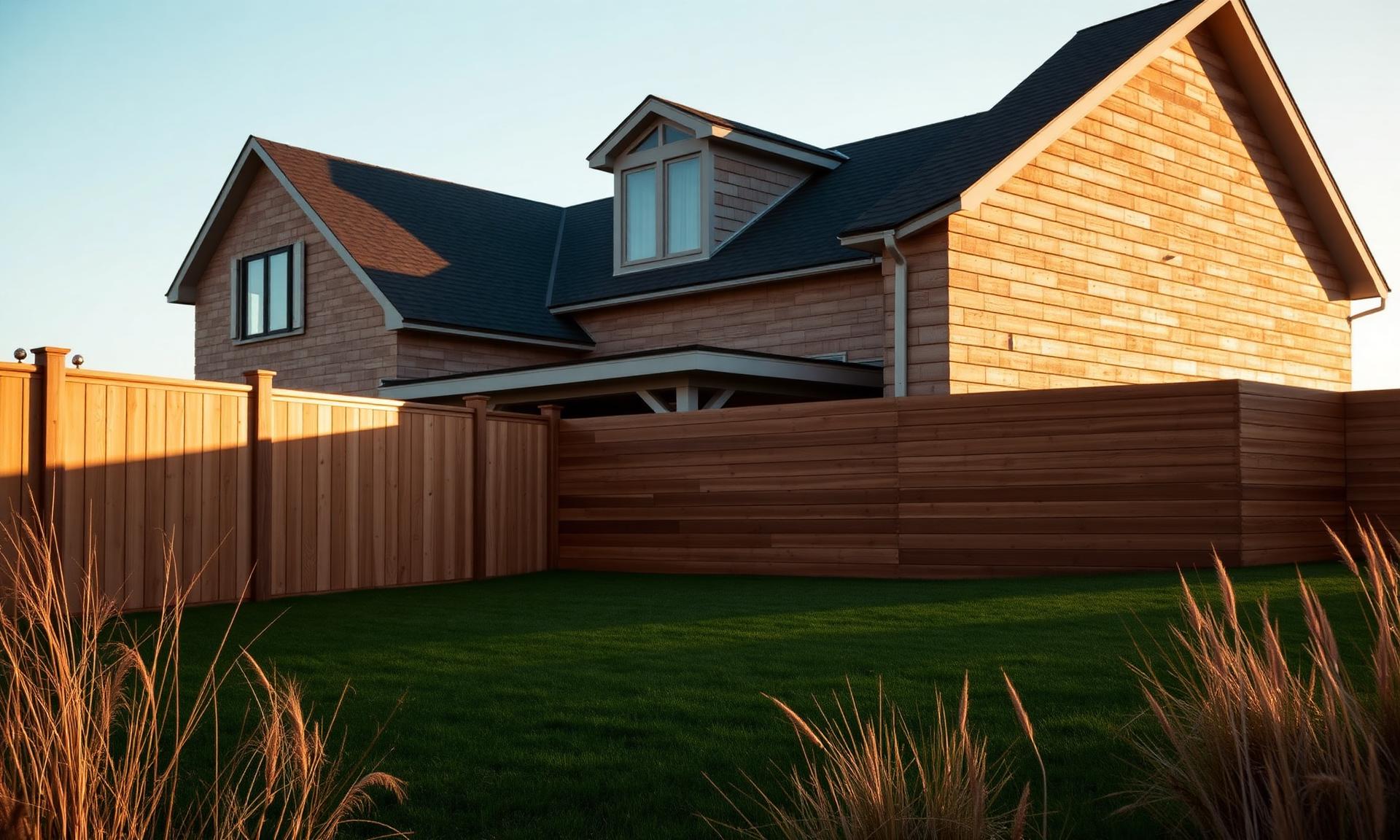 Horizontal cedar privacy fence surrounding a coastal shingle-style home at golden hour