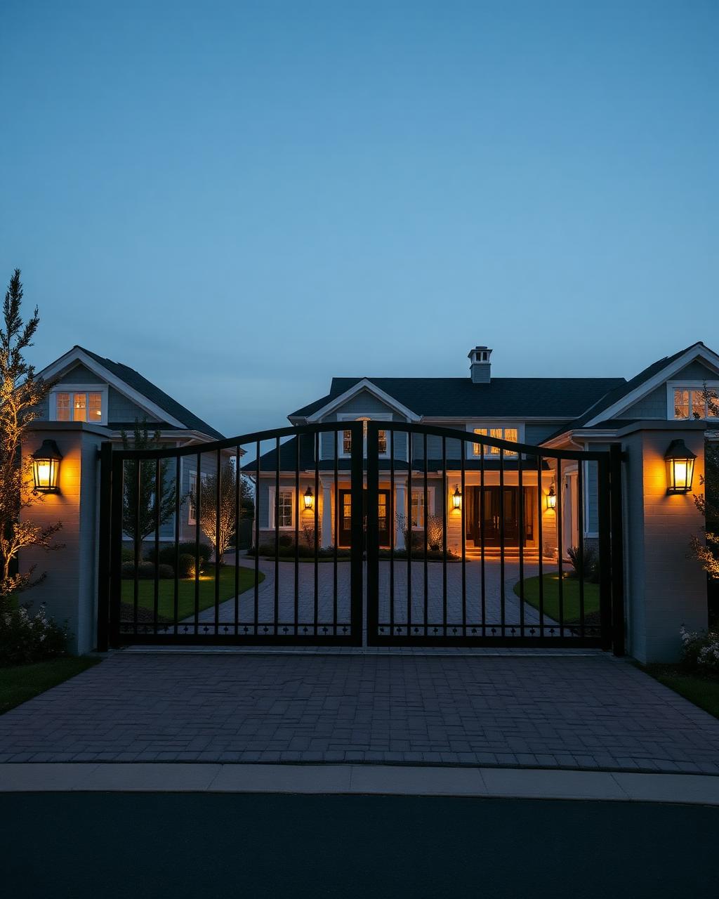 Black aluminum estate gate at the entrance of a shore home at dusk