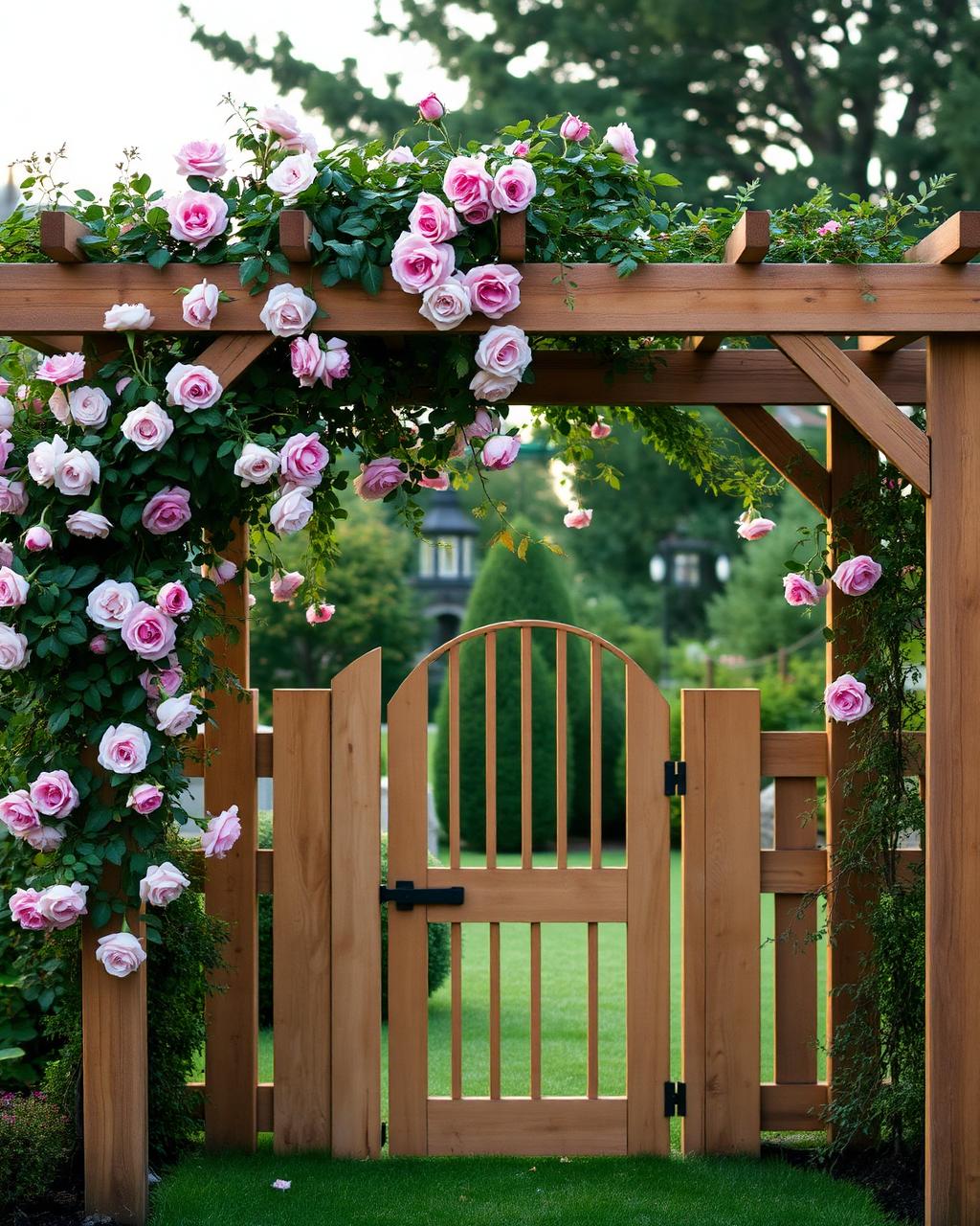 Cedar arbor with climbing roses over a garden gate