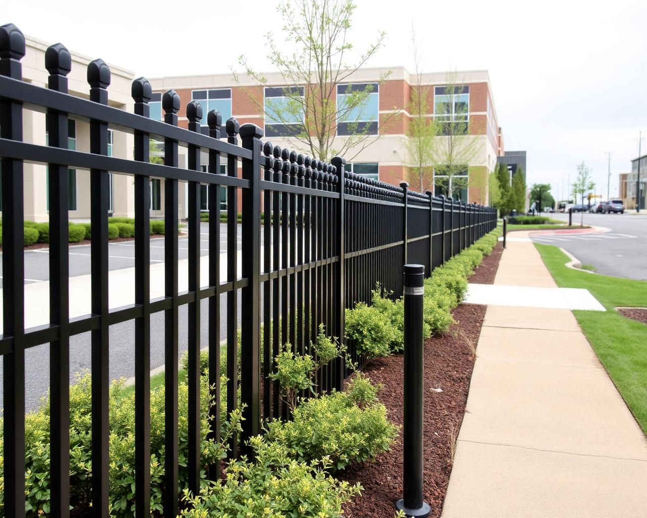 Ornamental aluminum security fencing along a commercial office campus