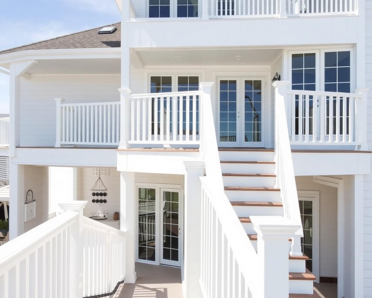 White vinyl railing system on a two-story coastal beach house