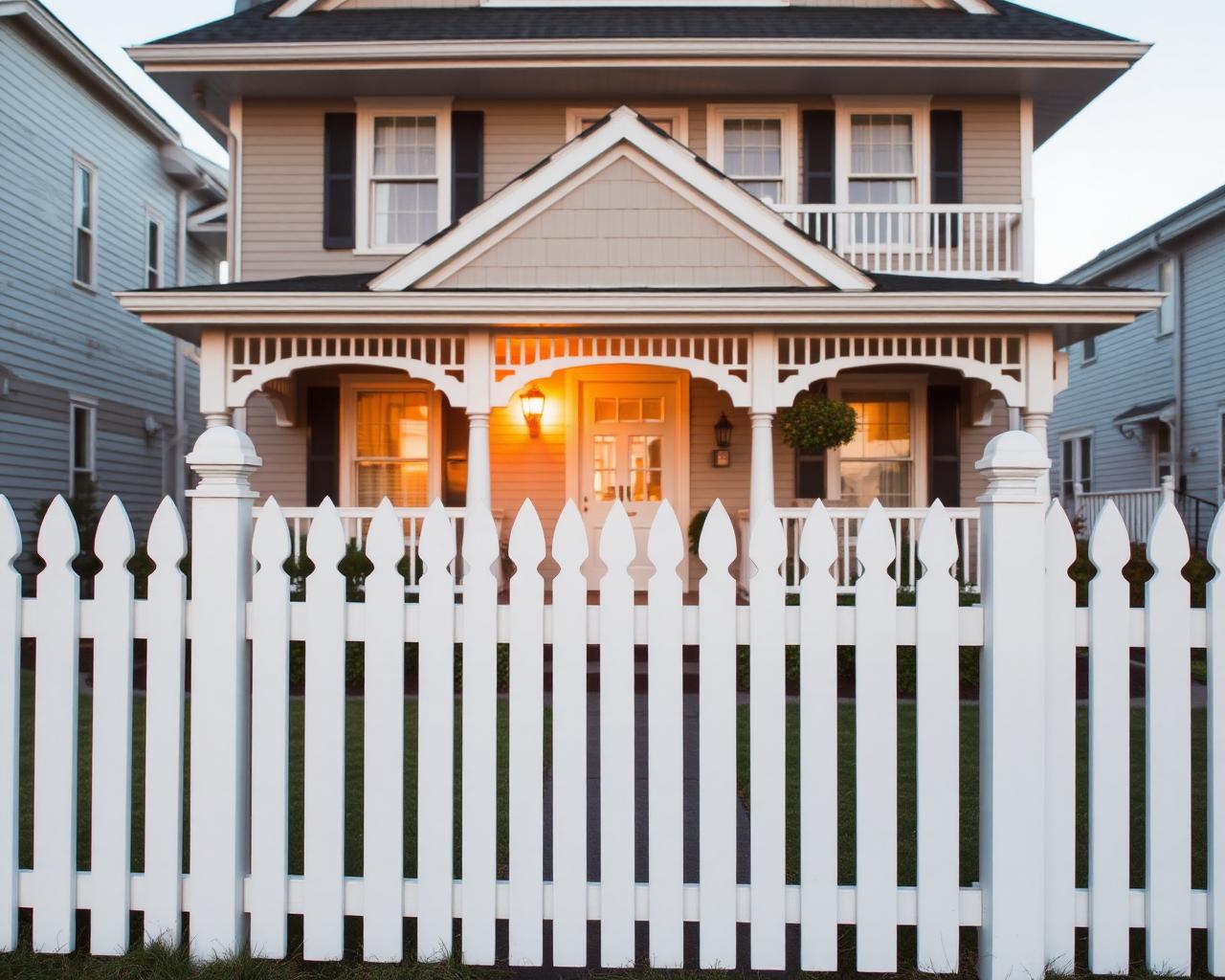 White picket fence in front of a Victorian beach house at dusk