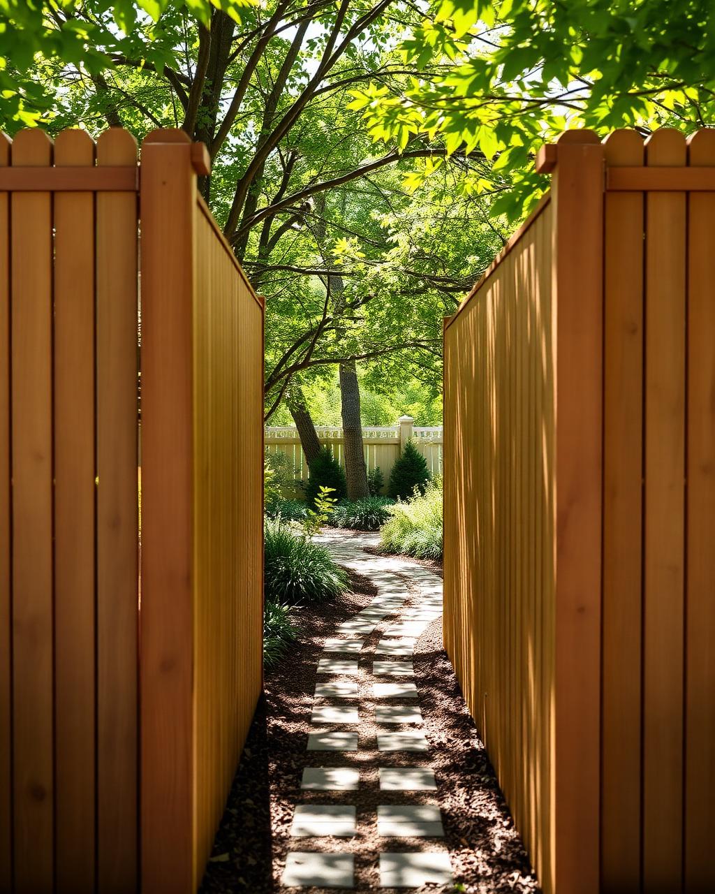Vertical cedar board fence framing a lush garden path