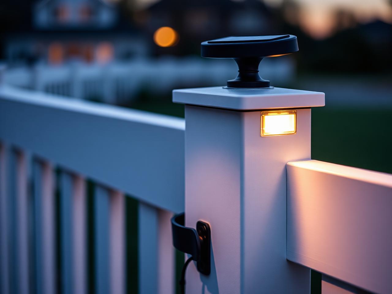 Solar post cap lights and premium gate hardware on a vinyl fence at dusk