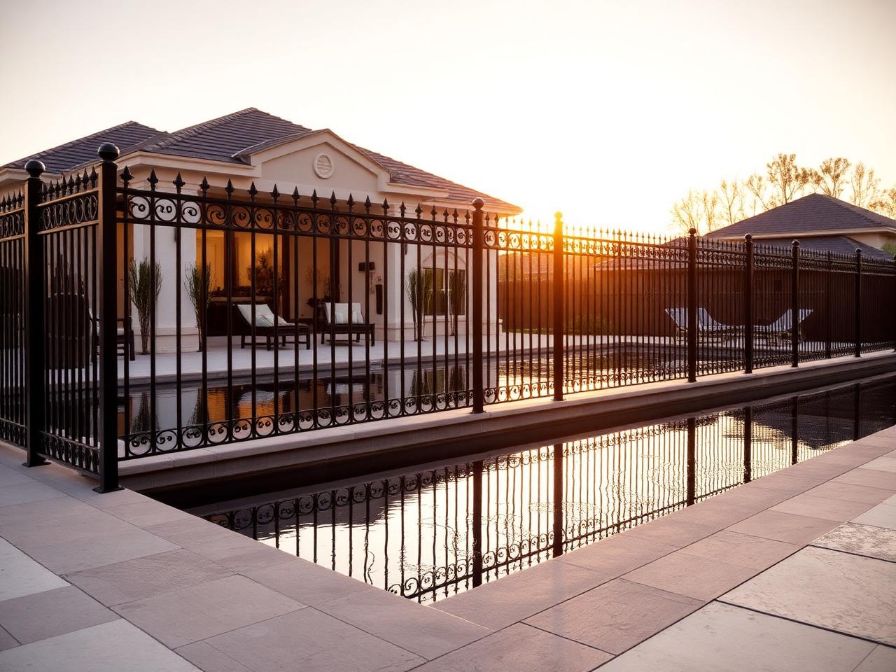 Black ornamental aluminum fence surrounding a luxury pool at dusk
