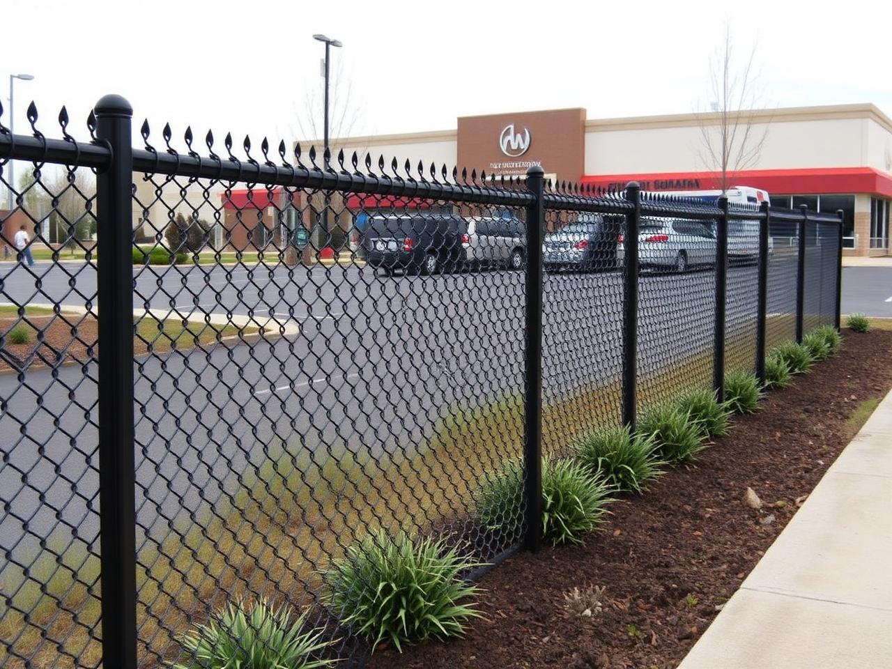 Black vinyl-coated chain link fence along a commercial property in South Jersey