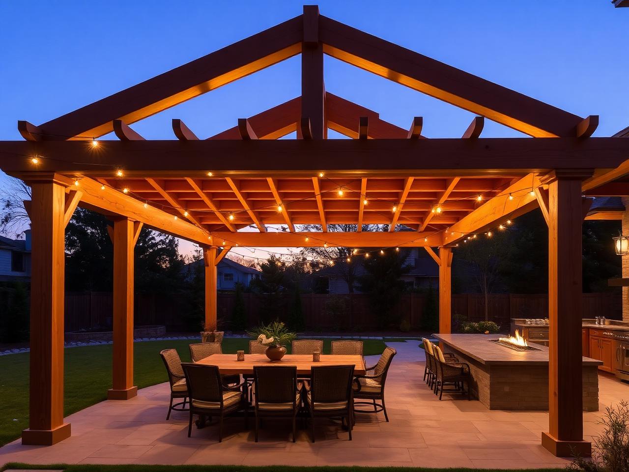 Cedar pergola with string lights over an outdoor dining area at dusk