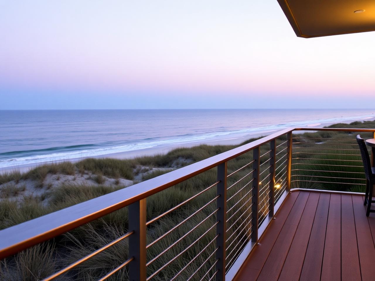 Cable railing system on a coastal deck overlooking the dunes at dusk