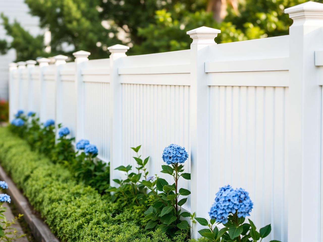 White vinyl privacy fence with hydrangeas installed in a Cape May garden